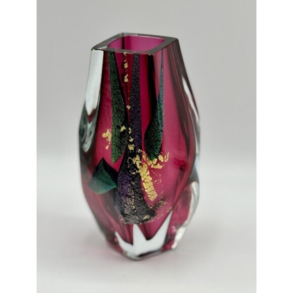 Eric Brakken Signed Studio Art Glass Vase 1993 Pink Gold Leaf Heavy Abstract